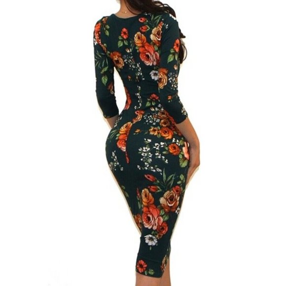 Got Style Gabby Green Floral Print 3/4 Sleeve Bodycon Party Cocktail Dress - Picture 3 of 4